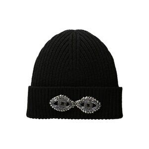 BCBG MaxAzria Black Wool Eye See You Embellished Ribbed Cable Knit Beanie Hat